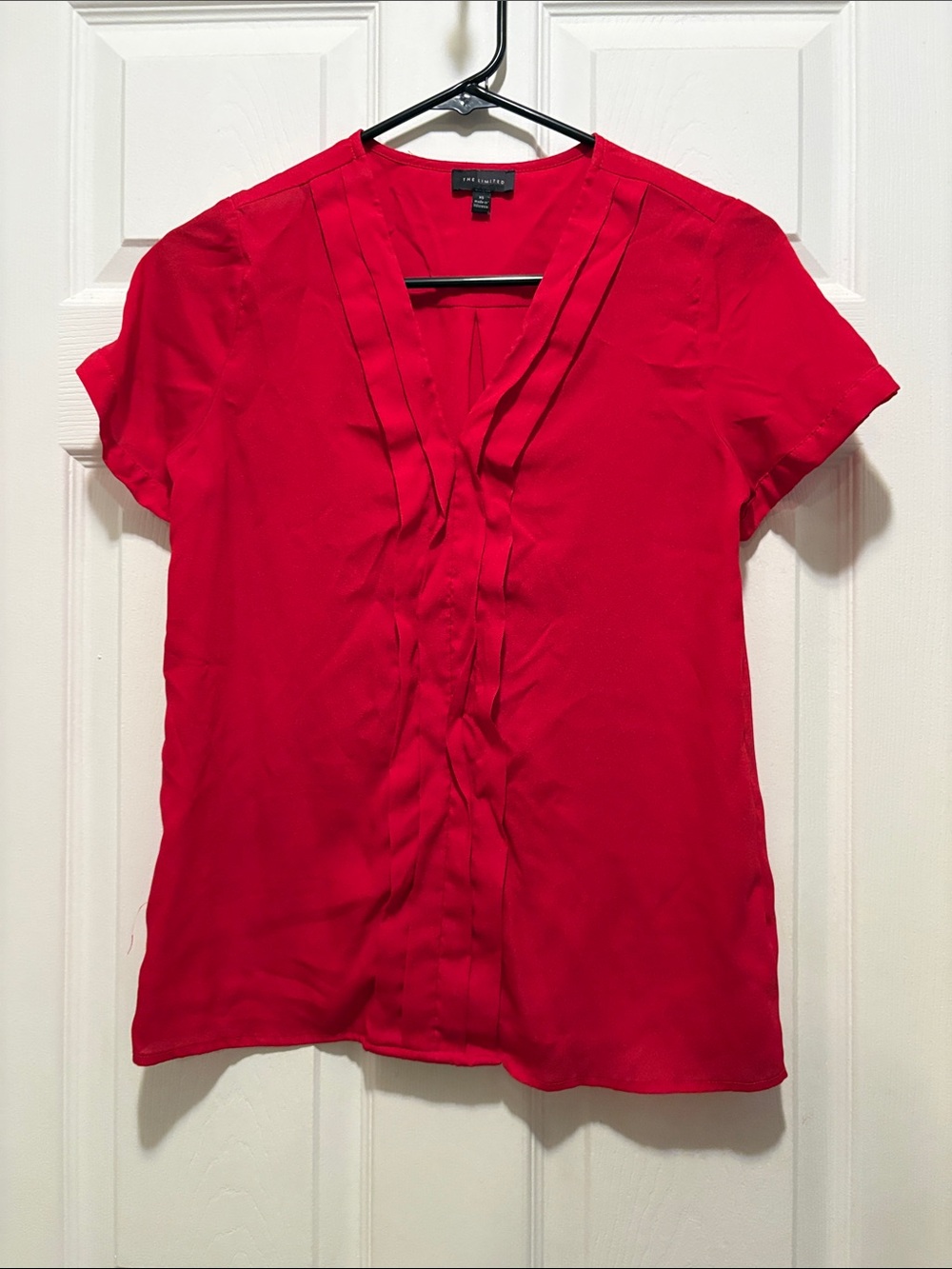Ann Taylor Vibrant Red Short-Sleeve Pleated V-Neck Blouse